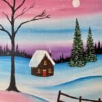 cabin in the snow paint and wine paint and sip