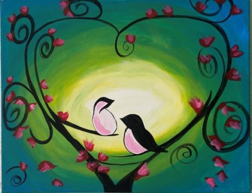 Image of painting called Celebrate Valentines day with Chickadees in Love paint and sip painting event.