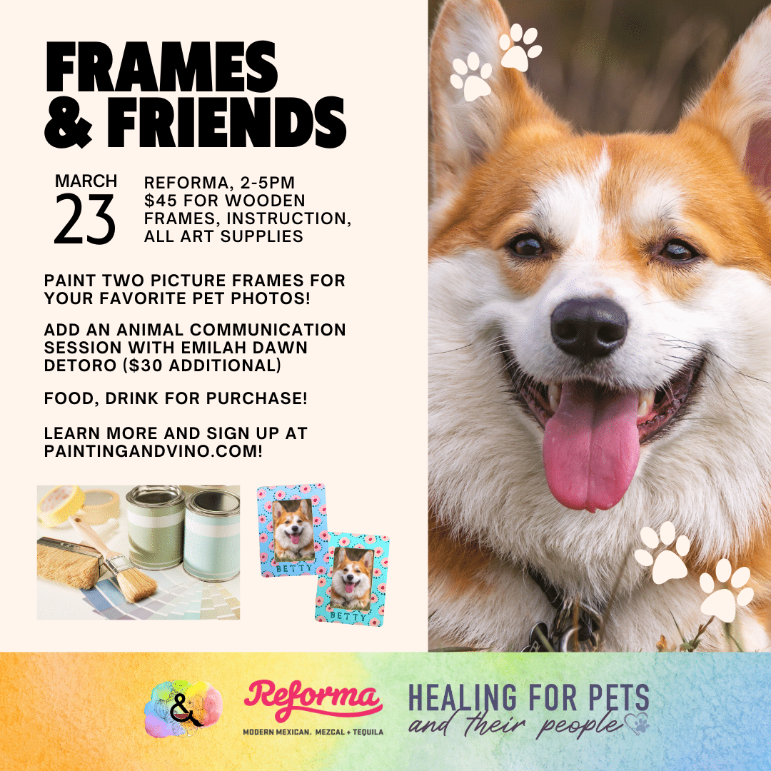 Immerse yourself in a world of creativity and fun at our Frames and Friends pet art class. Whether you're on a date, with family or friends, or even as a couple, this indoor activity promises to be memorable. Let your artistic side shine as you paint away the stress of the day in a relaxed and social setting. Join us for a creative experience like no other!