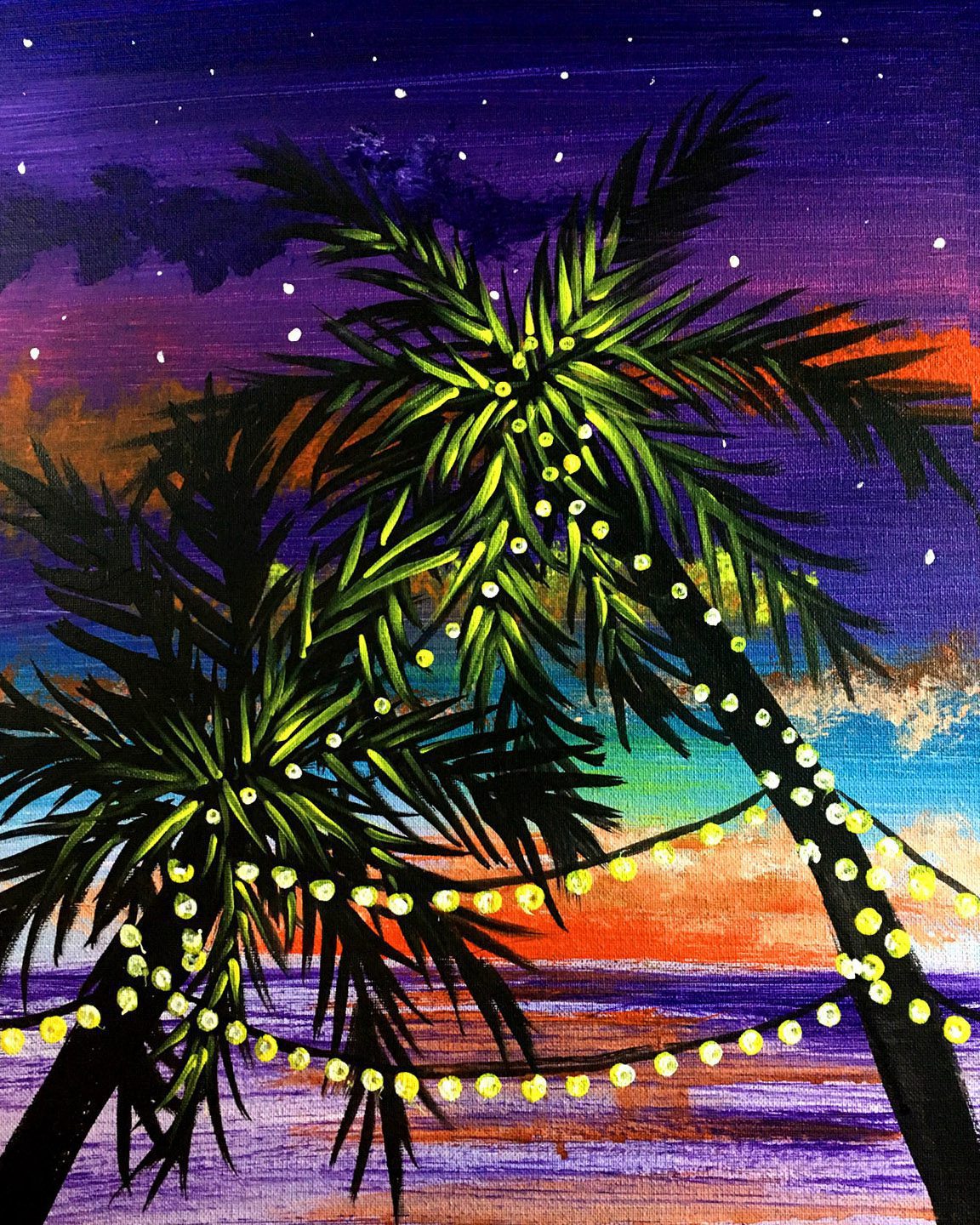 Image of painting called Palm tree Lights La Jolla paint and sip with Erin