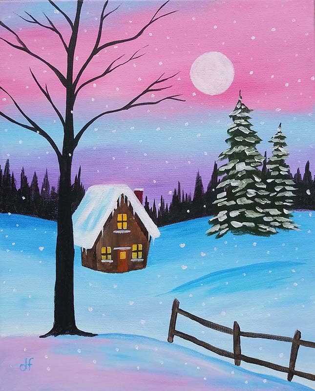 Cabin in the snow painting