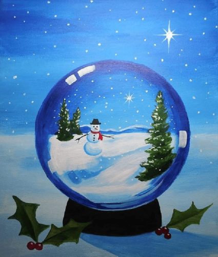 Image of painting called Enjoy this beautiful "Winter Snow globe" Paint and Sip Painting event