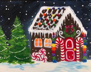 Image of painting called Enjoy this beautiful Gingerbread House Paint & Sip Evening!