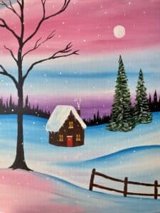 Image of painting called Cabin in the snow Paint and Sip Night!