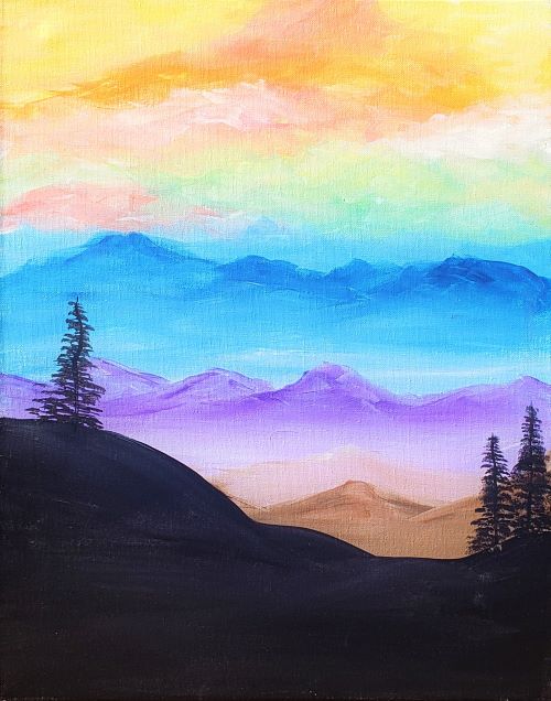 Image of painting called Quiet Mt. Morning paint and sip painting event at Brick and Barrel in Lincoln.