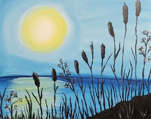 Image of painting called Cattails at Sunset paint and sip painting event at Pieology in Yuba City