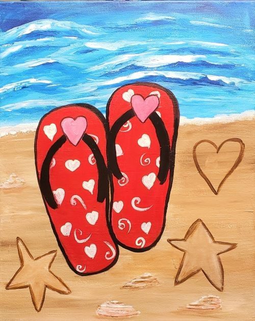 Image of painting called Grab the kids and head to the beach with this fun paint and sip painting in Rocklin, Flip Flops