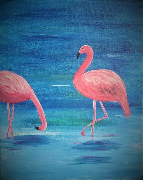 Image of painting called Happy Flamingos paint and sip painting event at Brick and Barrel in Lincoln