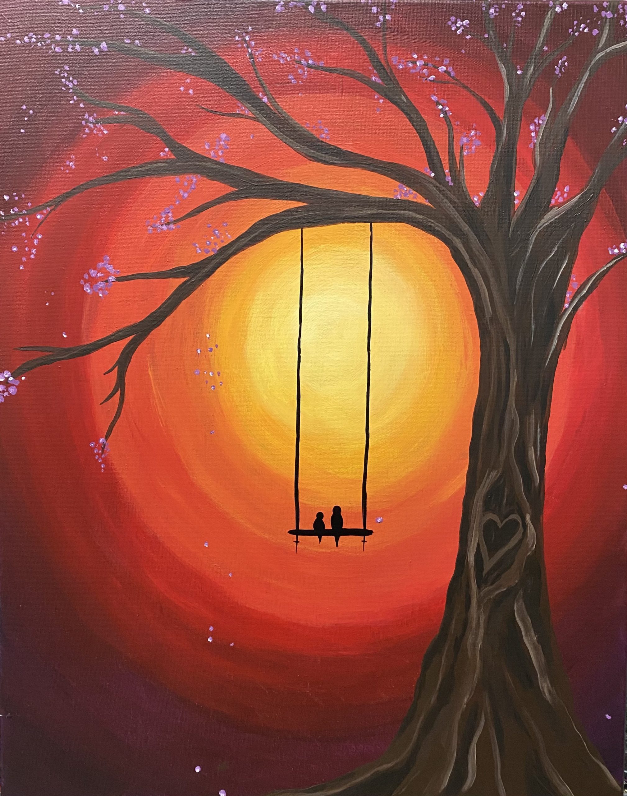 Image of painting called "Love birds on a swing" paint and sip painting event at Brick and Barrel in Lincoln