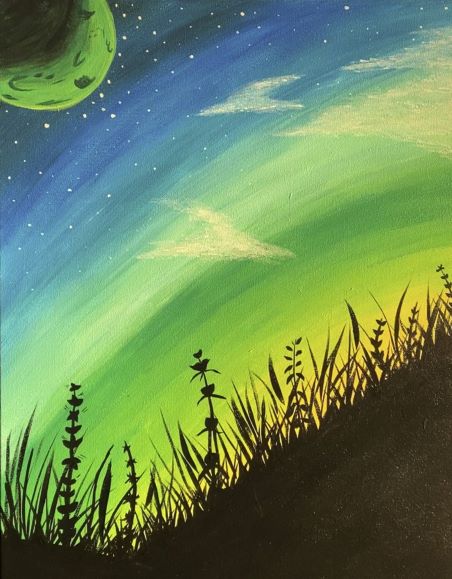 Image of painting called Moonlight Grass paint and sip painting event at Cool River Pizza in Rocklin.