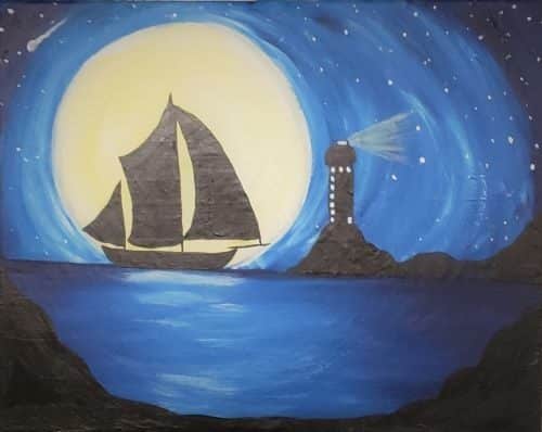 Image of painting called Moonlight Sail Family paint and sip painting event in Rocklin