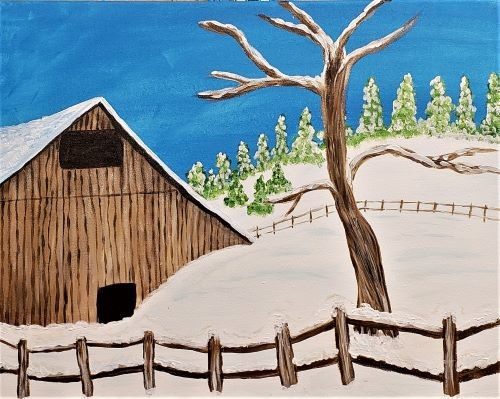 winter and rustic landscape of a barn