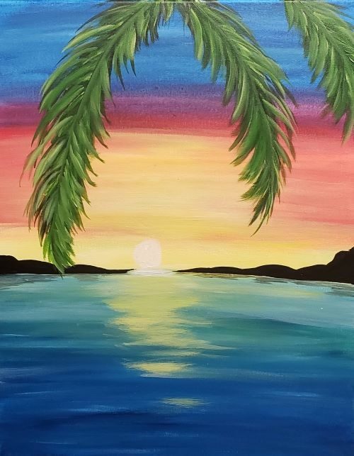 Image of painting called Palm Sunset paint and sip painting at Brick and Barrel in Lincoln