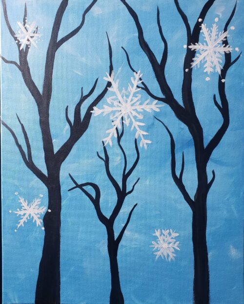 Snowflakes paint and sip painting event with Painting and Vino Sacramento