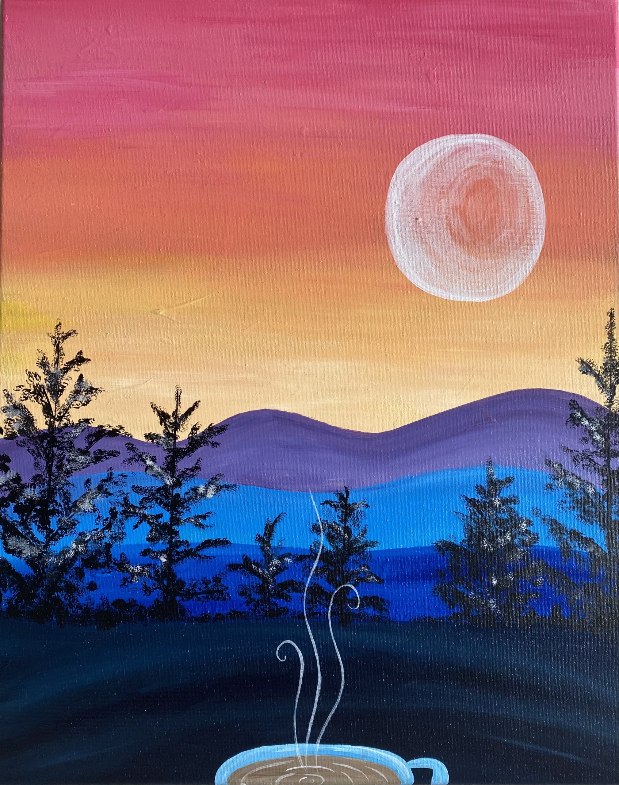 Image of painting called Paint and sip this beautiful Morning Campground Painting at Cool River Pizza.