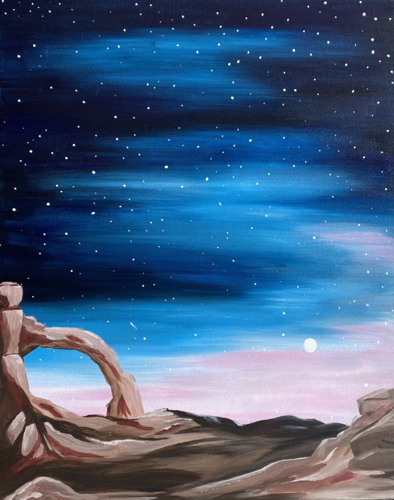 Night Sky Over the Rocks paint and sip painting event with Painting and Vino Sacramento