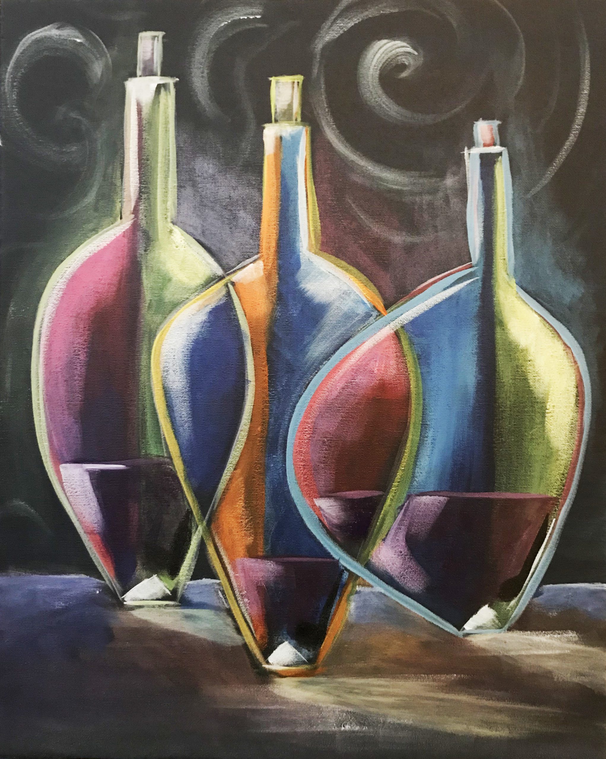 Image of painting called Three Bottles paint and sip painting event at Brick and Barrel in Lincoln.