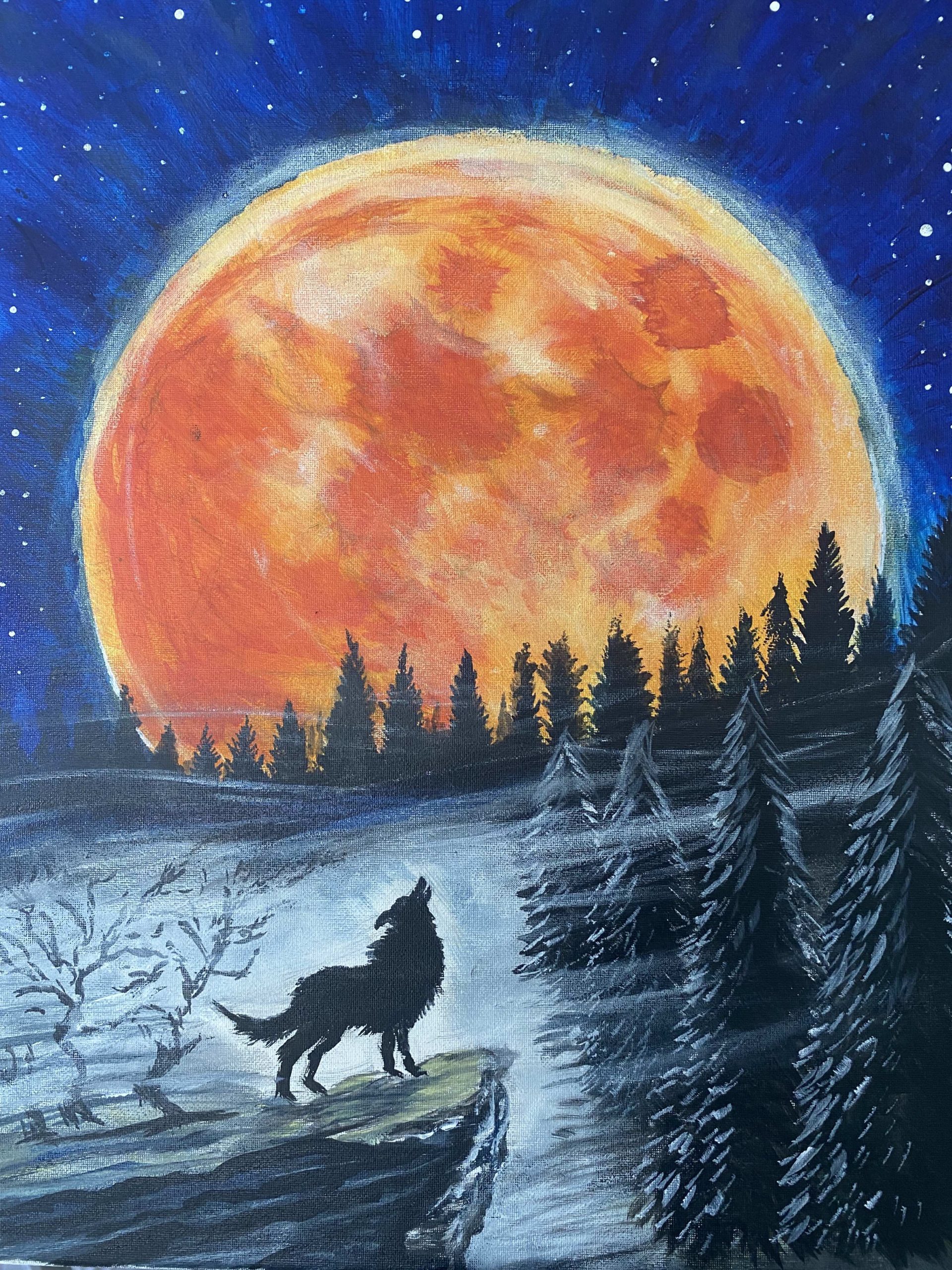 Image of painting called Moonrise, Wolf howl -sip and paint