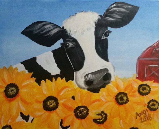 Cow and sunflowers paint and sip painting event