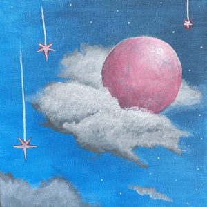 a dreamy pink stars and moon in the clouds painting