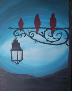 Image of painting called Red Birds on a lamppost paint and sip painting event at the Union in Roseville.