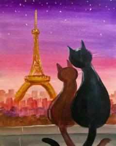 Image of painting called "Eiffel in Love" paint and sip painting event at Brick and Barrel in Lincoln