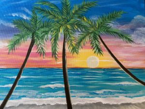 Image of painting called 'Island Sunset Buzz' Sip and paint Event