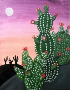 Image of painting called Cactus Sunset painting, Paint and sip event at The Green Room Social Club