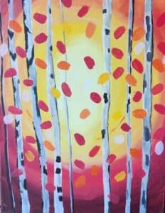 Image of painting called Celebrate Fall with these fun Birch Trees at The Golden Finch in Sacramento