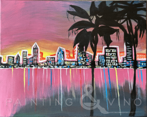 City nights sunset paint and sip