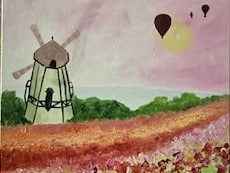 Image of painting called "Windmill Way" paint and sip painting event at Back Forty Texas BBQ in Roseville