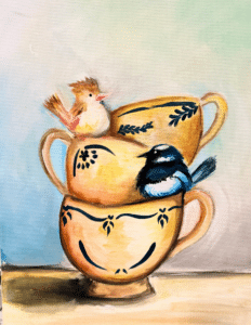 Image of painting called Birdy Teacups - Paint and Sip