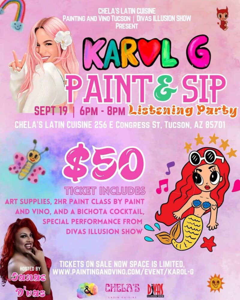 Immerse yourself in a world of creativity and fun at our Karol G paint and sip class/listening party. Whether you're on a date, with family or friends, or even as a couple, this indoor activity promises to be memorable. Let your artistic side shine as you paint away the stress of the day in a relaxed and social setting. Join us for a creative experience like no other!