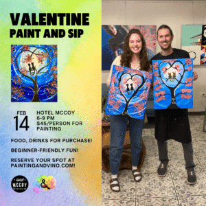 Immerse yourself in a world of creativity and fun at our Valentines paint and sip class. Whether you're on a date, with family or friends, or even as a couple, this indoor activity promises to be memorable. Let your artistic side shine as you paint away the stress of the day in a relaxed and social setting. Join us for a creative experience like no other!