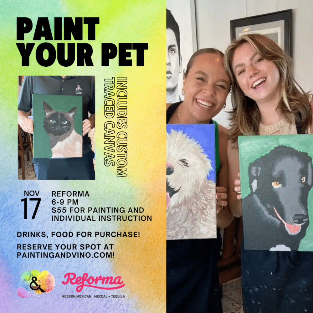 Immerse yourself in a world of creativity and fun at our paint your pet class. Whether you're on a date, with family or friends, or even as a couple, this indoor activity promises to be memorable. Let your artistic side shine as you paint away the stress of the day in a relaxed and social setting. Join us for a creative experience like no other!