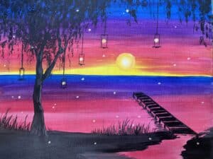 Image of painting called Fireflies at the Dock Paint and Wine