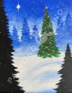 Image of painting called Christmas Tree on a Snowy Hill - Paint and Sip