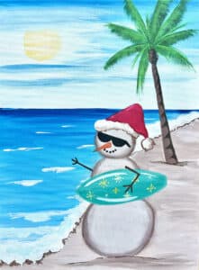 Image of painting called Surfin' Snowman - Holiday Paint and Sip