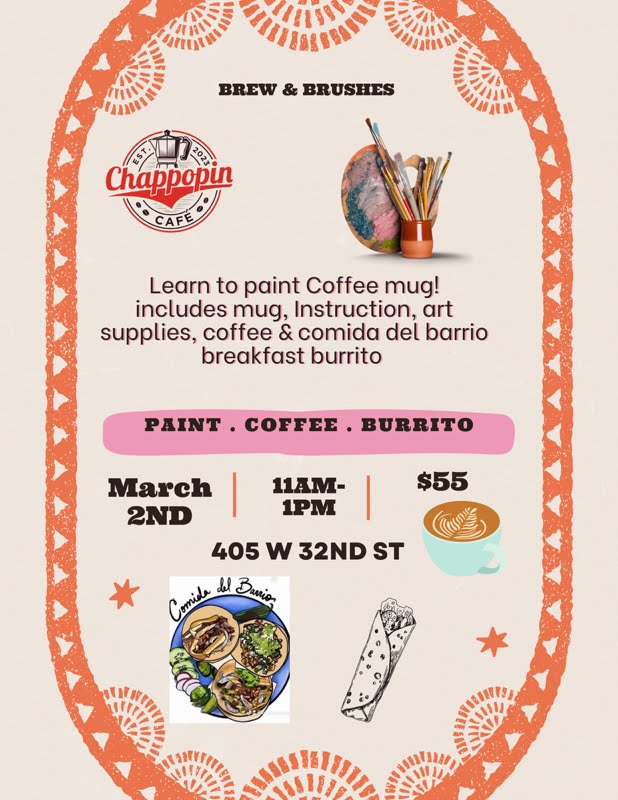 Immerse yourself in a world of creativity and fun at our paint and sip 'Brews and Brushes' with Chappopin Cafe. Whether you're on a date, with family or friends, or even as a couple, this indoor activity promises to be memorable. Let your artistic side shine as you paint away the stress of the day in a relaxed and social setting. Join us for a creative experience like no other!