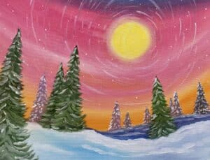 Image of painting called Sunrise Winter Trees Paint and Wine Event