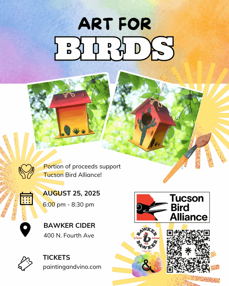 Immerse yourself in a world of creativity and fun at our paint and sip fundraiser for Tucson Bird Alliance. Whether you're on a date, with family or friends, or even as a couple, this indoor activity promises to be memorable. Let your artistic side shine as you paint away the stress of the day in a relaxed and social setting. Join us for a creative experience like no other!