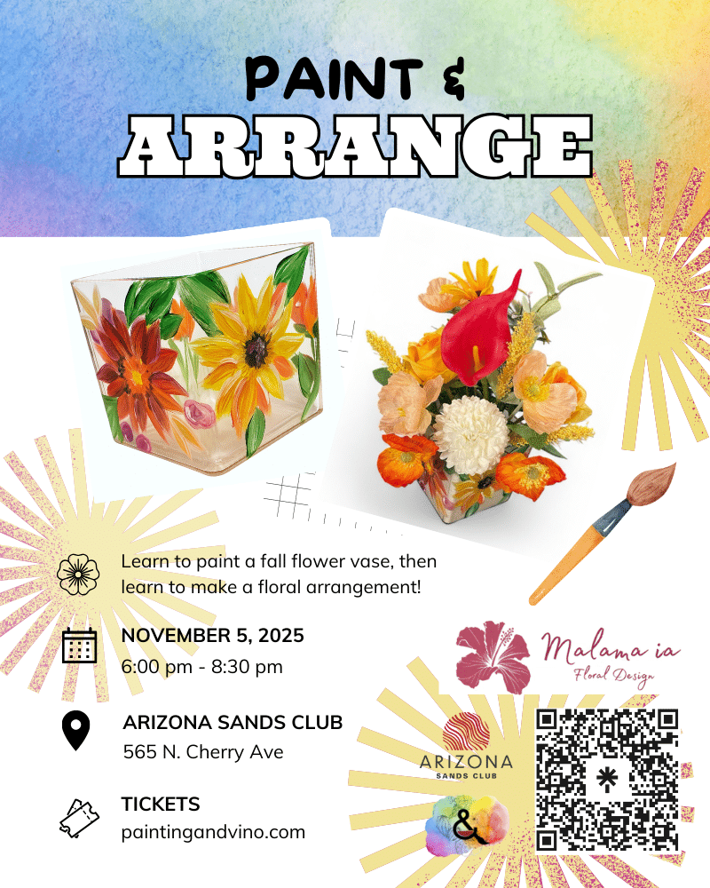 Immerse yourself in a world of creativity and fun at our 'Paint and Arrange' paint and sip class at Arizona Sands Club. Whether you're on a date, with family or friends, or even as a couple, this indoor activity promises to be memorable. Let your artistic side shine as you paint away the stress of the day in a relaxed and social setting. Join us for a creative wine and paint experience like no other!