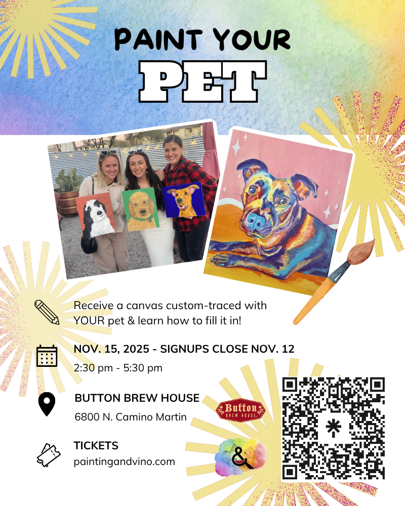 Immerse yourself in a world of creativity and fun at our paint your pet class. Whether you're on a date, with family or friends, or even as a couple, this indoor activity promises to be memorable. Let your artistic side shine as you paint away the stress of the day in a relaxed and social setting. Join us for a creative wine and paint experience like no other!