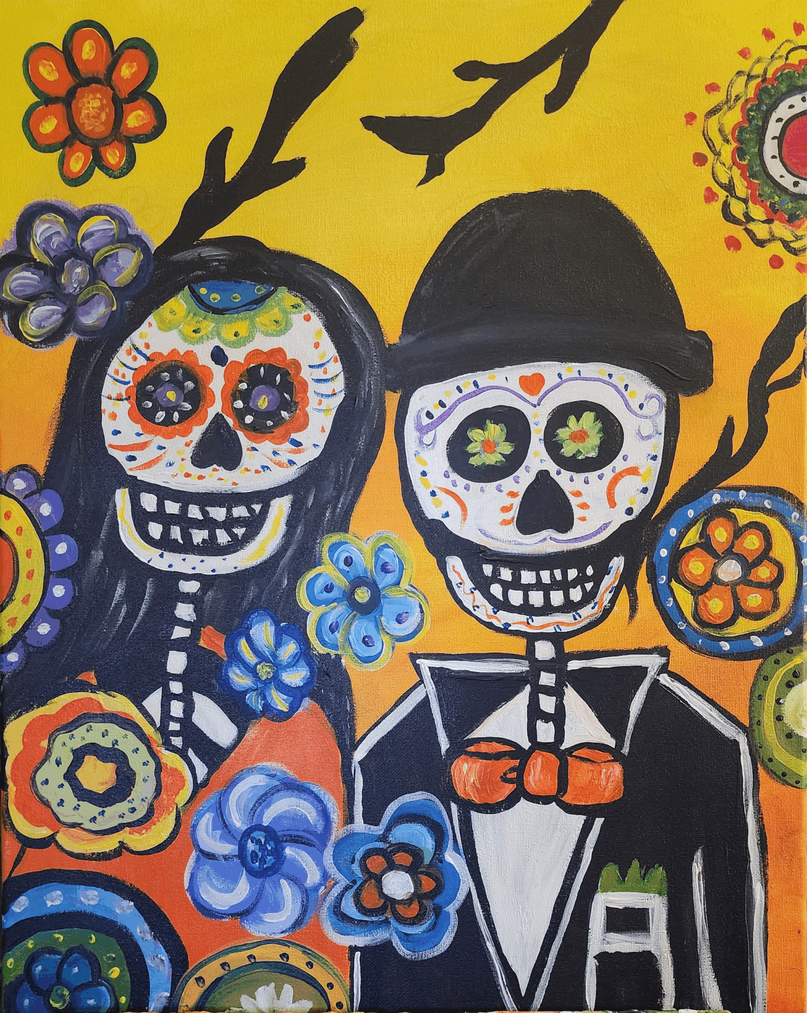 Skeleton Friends paint and sip painting event with Painting and Vino Sacramento.