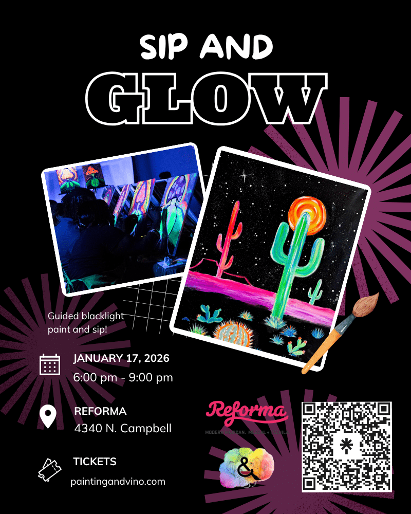 Immerse yourself in a world of creativity and fun at our paint and sip class. Whether you're on a date, with family or friends, or even as a couple, this blacklight / UV light party promises to be memorable. Let your artistic side shine as you paint away the stress of the day in a relaxed and social setting. Join us for a creative wine and paint experience like no other!