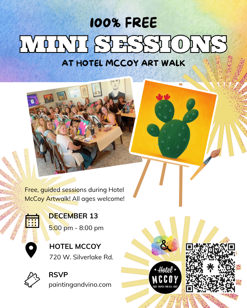 Immerse yourself in a world of creativity and fun at our free mini paint and sip sessions. Whether you're on a date, with family or friends, or even as a couple, this indoor activity promises to be memorable. Let your artistic side shine as you paint away the stress of the day in a relaxed and social setting. Join us at Hotel McCoy Artwalk for a creative experience like no other!