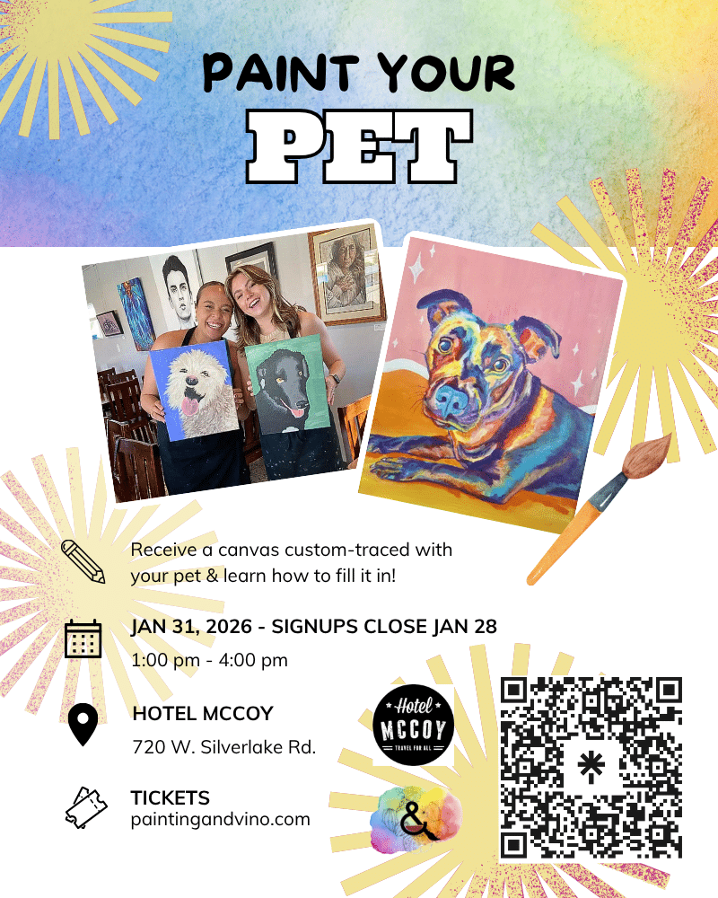 Immerse yourself in a world of creativity and fun at our beginner paint your pet class. Whether you're on a date, with family or friends, or even as a couple, this indoor activity promises to be memorable. Let your artistic side shine as you paint away the stress of the day in a relaxed and social setting. Join us for a creative wine and paint experience like no other!