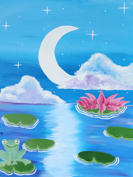 Moonlight Lotus and Frog paint and sip painting event with Painting and Vino Sacramento