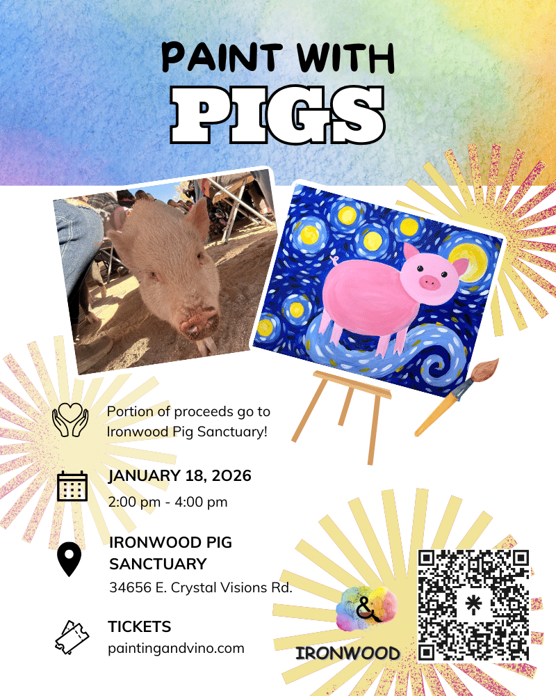 Immerse yourself in a world of creativity and fun at our paint class fundraiser at Ironwood Pig Sanctuary. Whether you're on a date, with family or friends, or even as a couple, this indoor activity promises to be memorable. Let your artistic side shine as you paint away the stress of the day in a relaxed and social setting. Join us for a Paint With Pigs experience like no other!