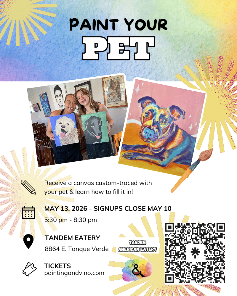 Immerse yourself in a world of creativity and fun at our Paint Your Pet class. Whether you're on a date, with family or friends, or even as a couple, this indoor activity promises to be memorable. Let your artistic side shine as you paint away the stress of the day in a relaxed and social setting. Join us for a creative wine and paint experience like no other!